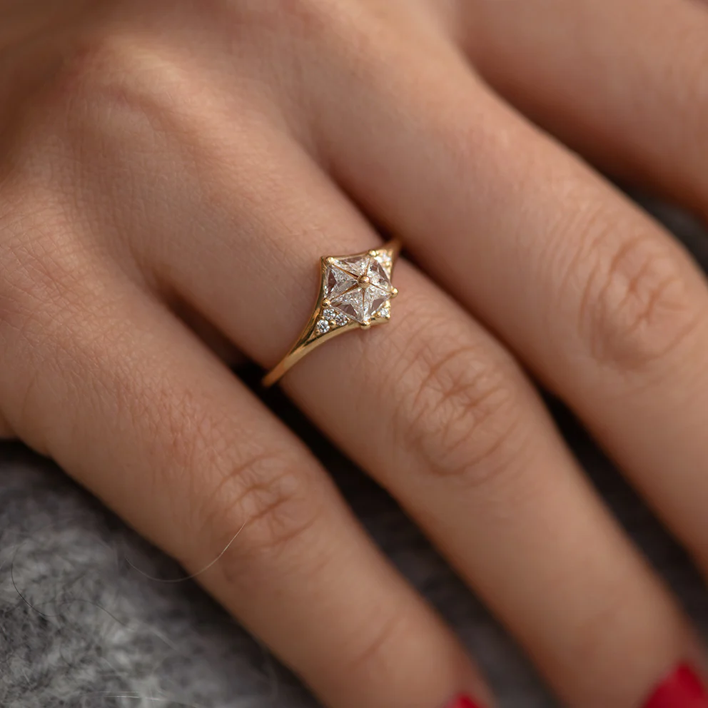 Star Engagement Ring with Five Triangle Cut Diamonds - Image 5