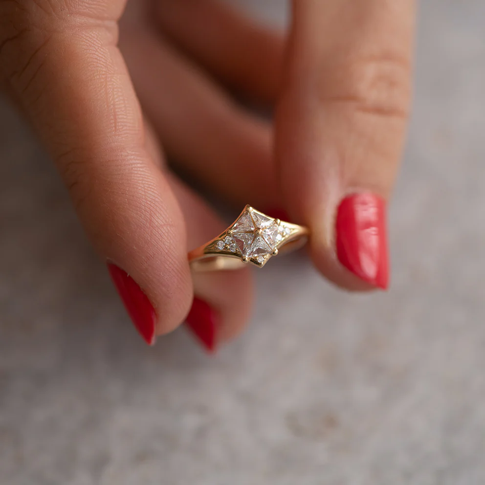 Star Engagement Ring with Five Triangle Cut Diamonds - Image 6