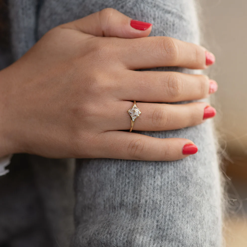 Star Engagement Ring with Five Triangle Cut Diamonds - Image 7