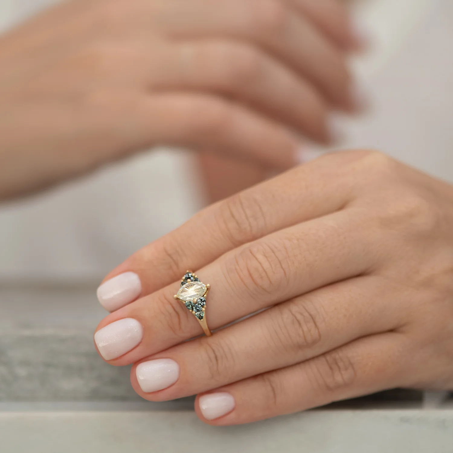 Starburst Rose Cut Diamond Engagement Ring with Teal Sapphire Trillions - Image 3