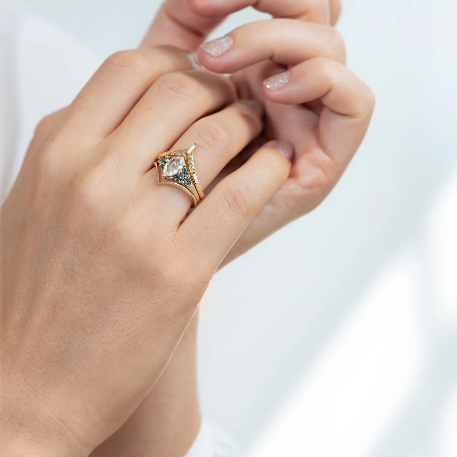 Starburst Rose Cut Diamond Engagement Ring with Teal Sapphire Trillions - Image 4