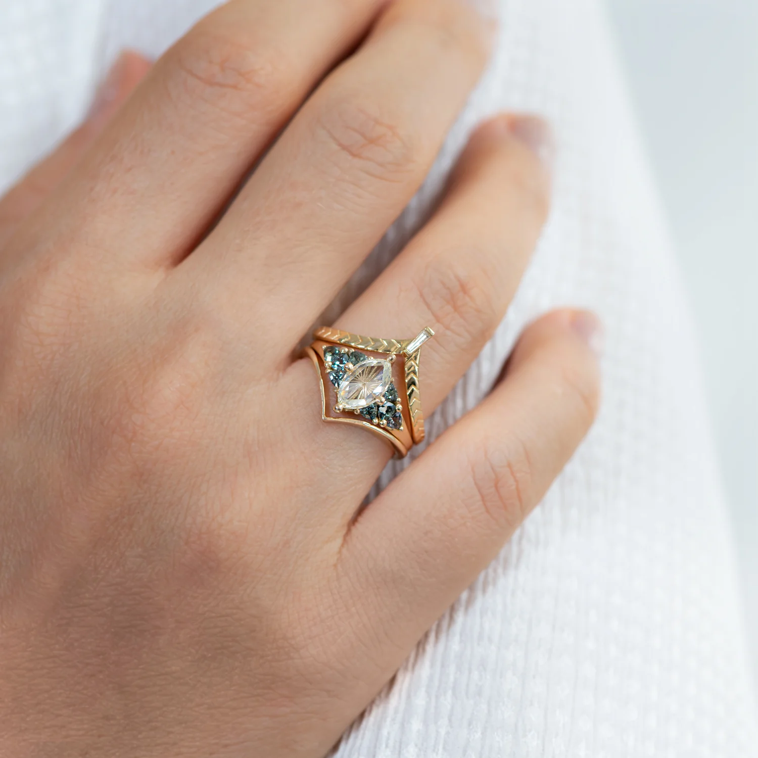 Starburst Rose Cut Diamond Engagement Ring with Teal Sapphire Trillions - Image 7