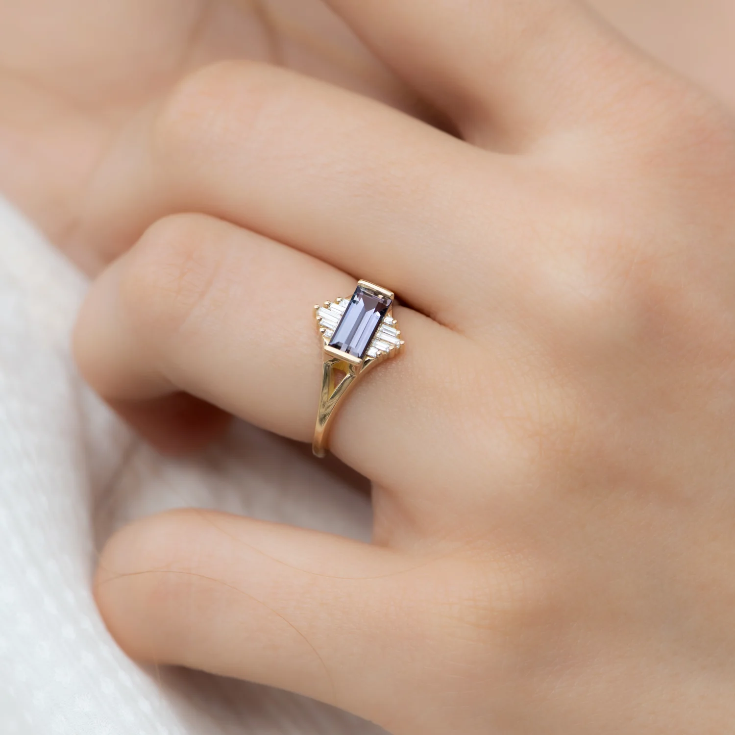 Tanzanite Engagement Ring with Baguette Diamond Pyramids - OOAK - Image 3