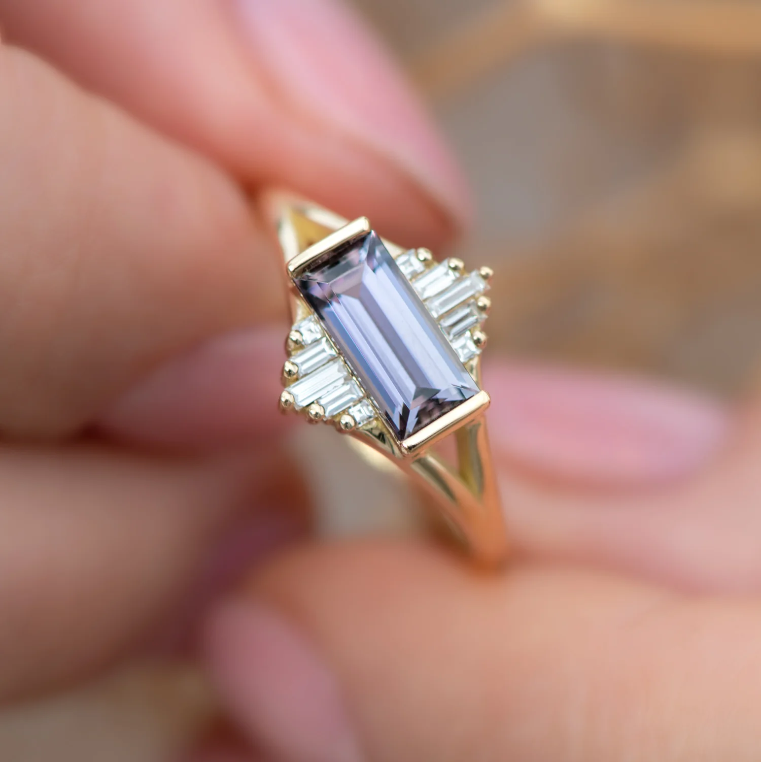 Tanzanite Engagement Ring with Baguette Diamond Pyramids - OOAK - Image 9