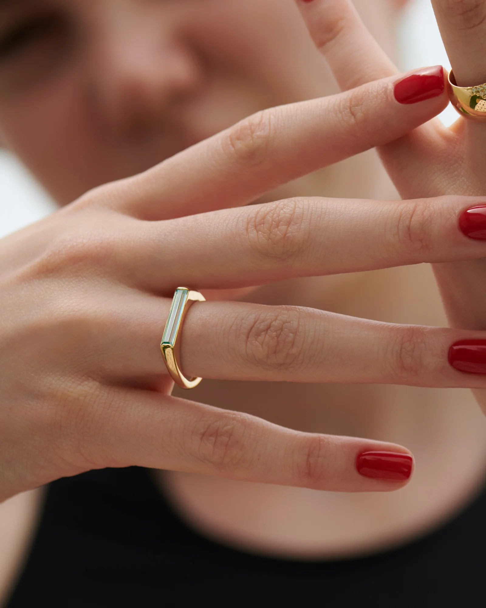 Teal Moissanite Baguette Solitaire Minimalist Engagement Ring - Image 3