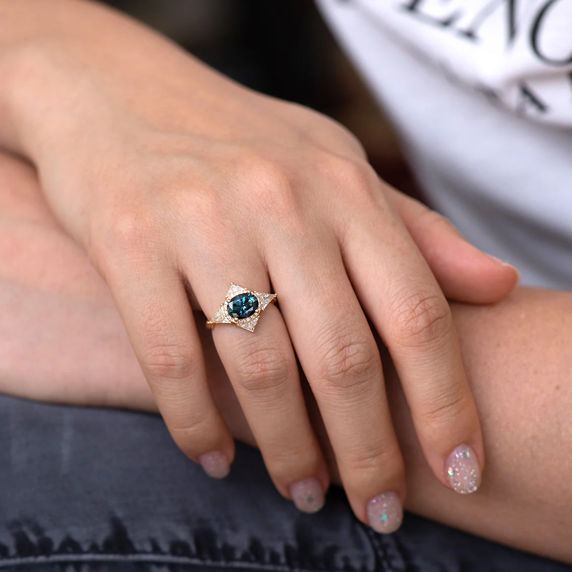 Teal Sapphire Deco Ring with Triangle Diamonds - Image 3