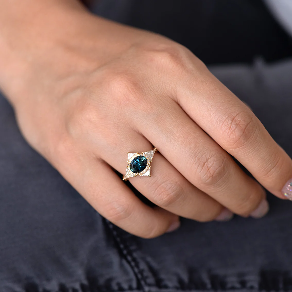 Teal Sapphire Deco Ring with Triangle Diamonds - Image 4