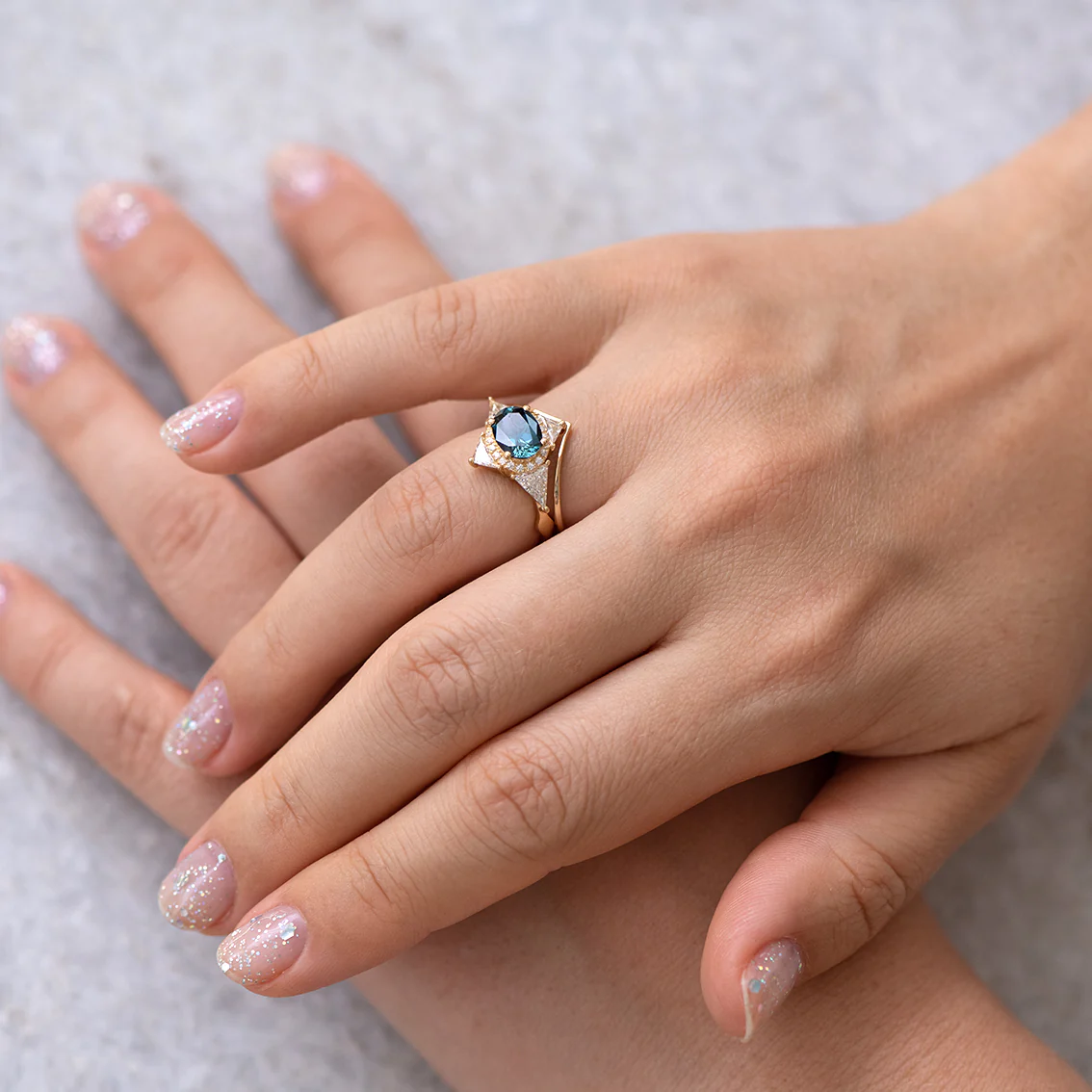 Teal Sapphire Deco Ring with Triangle Diamonds - Image 5