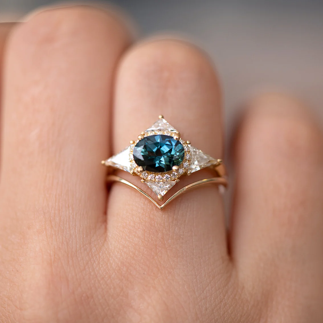 Teal Sapphire Deco Ring with Triangle Diamonds - Image 6