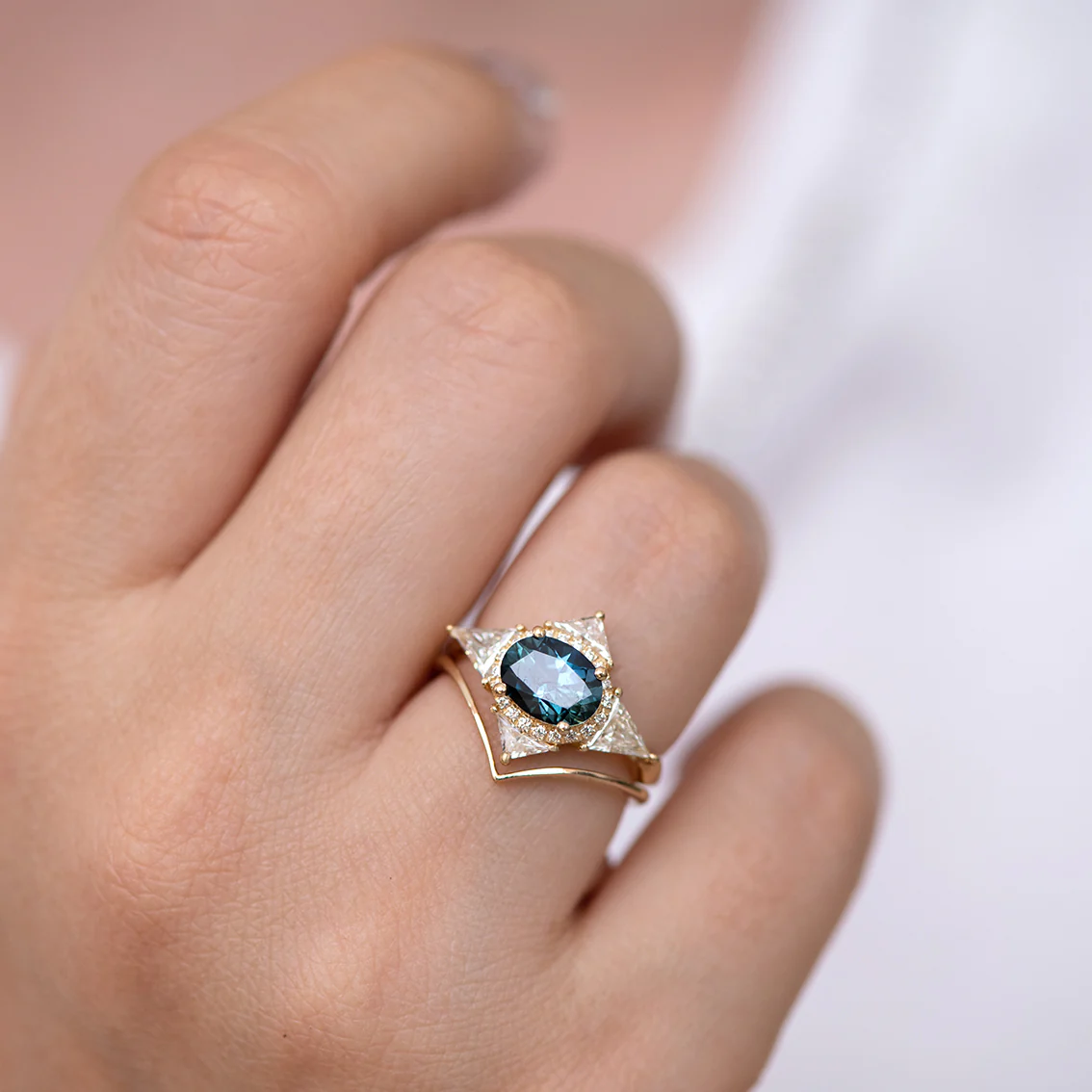 Teal Sapphire Deco Ring with Triangle Diamonds - Image 7