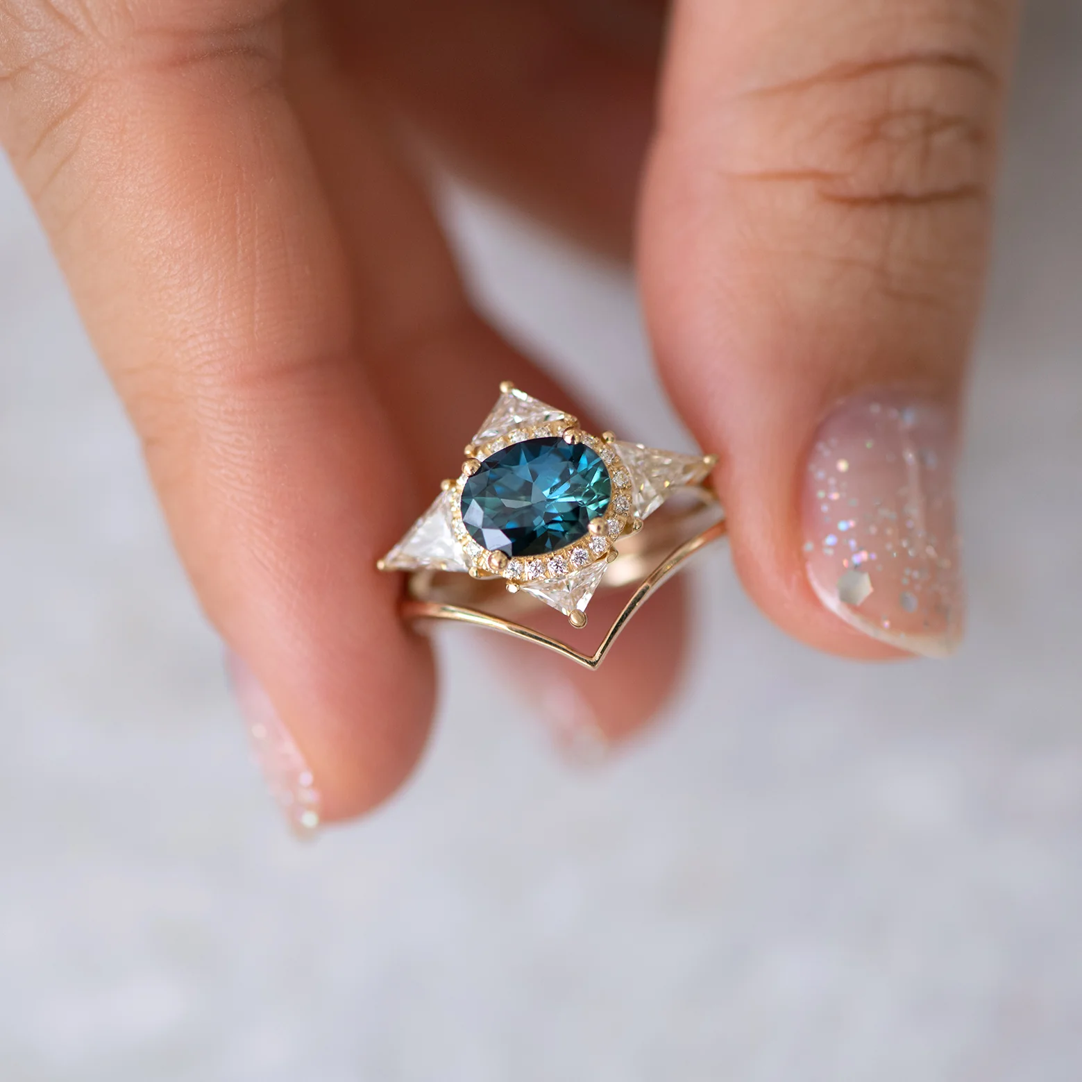 Teal Sapphire Deco Ring with Triangle Diamonds - Image 8