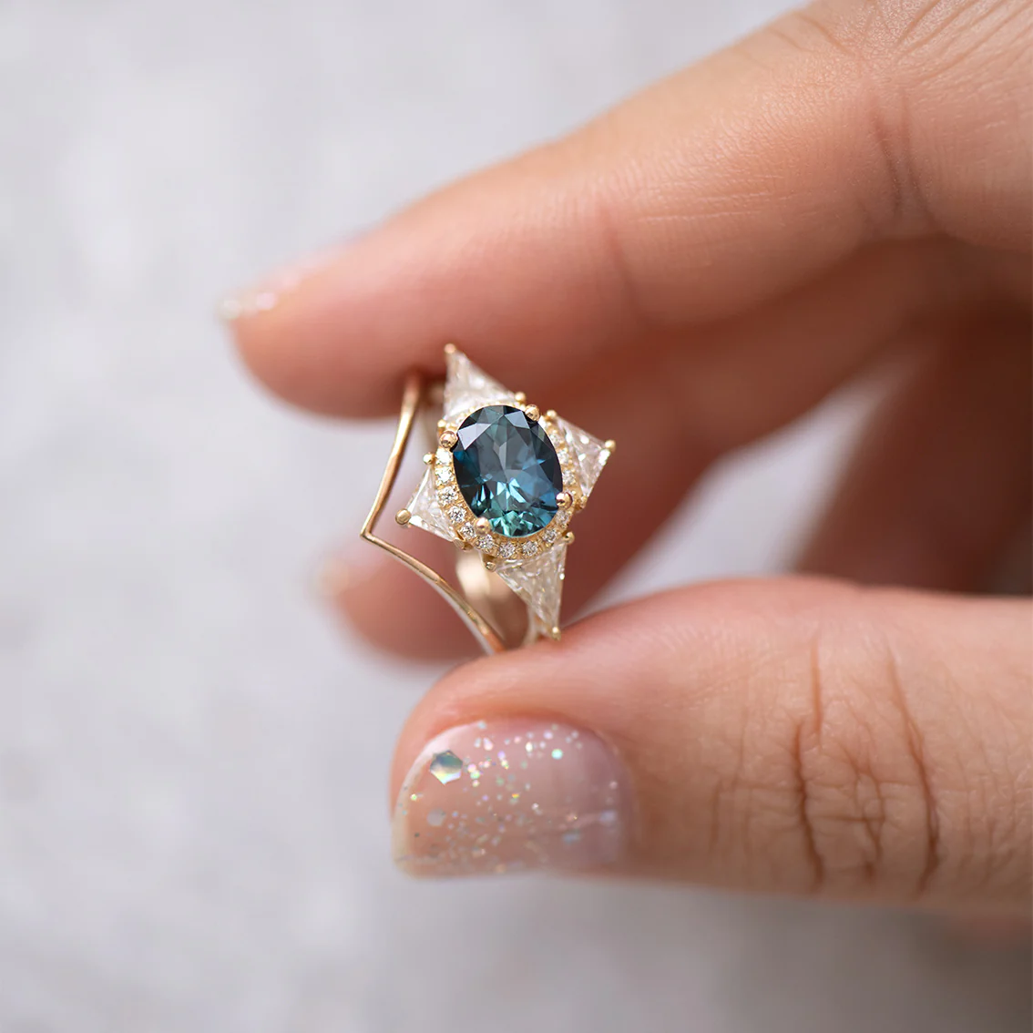 Teal Sapphire Deco Ring with Triangle Diamonds - Image 9