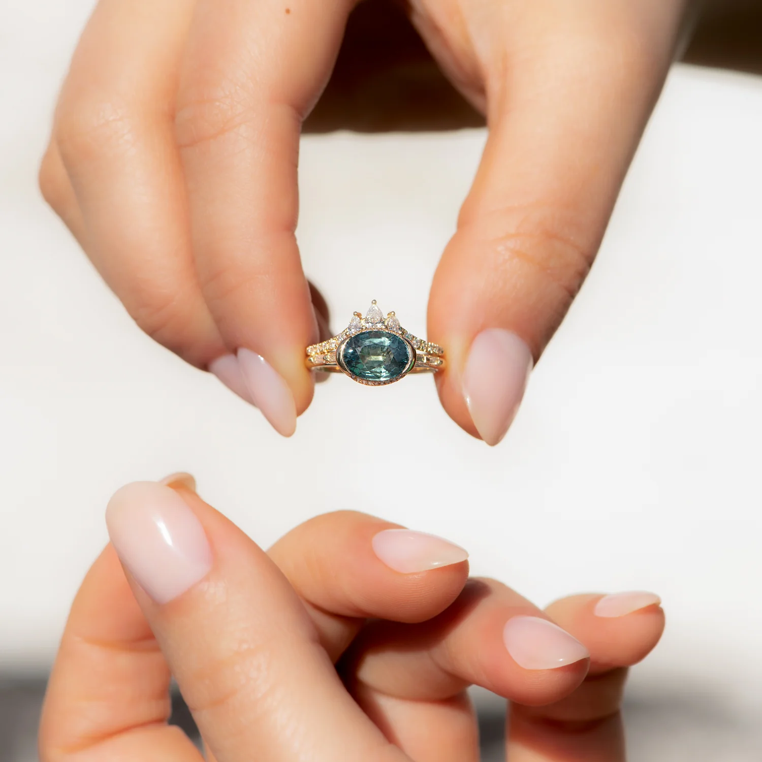 Teal Sapphire Engagement Ring with Delicate Diamond Detailing - OOAK - Image 6