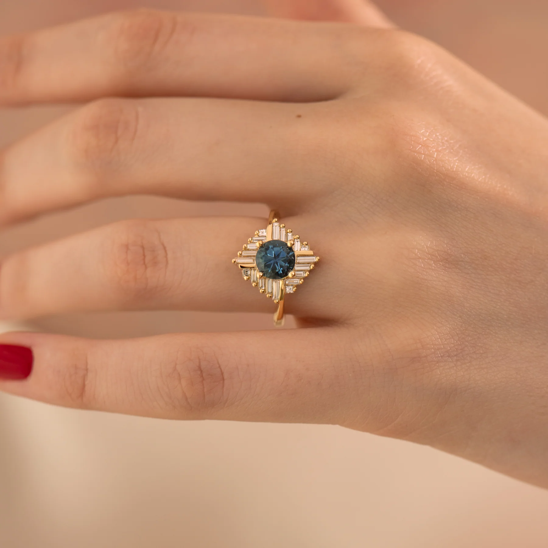 Teal Sapphire "Oasis" Engagement ring with Geometric Baguette Diamonds - Image 5