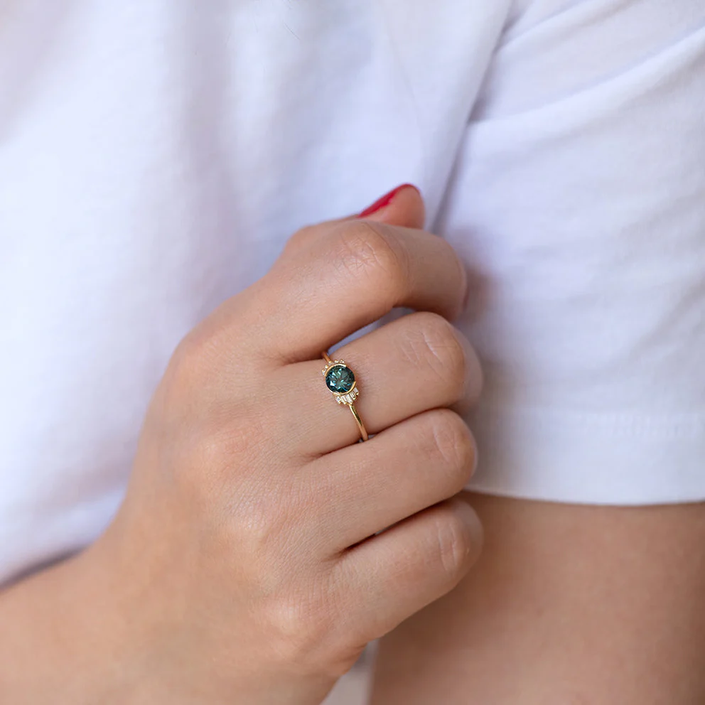 Teal Sapphire Ring with Baguette Diamond Wings - Limited Edition - Image 4