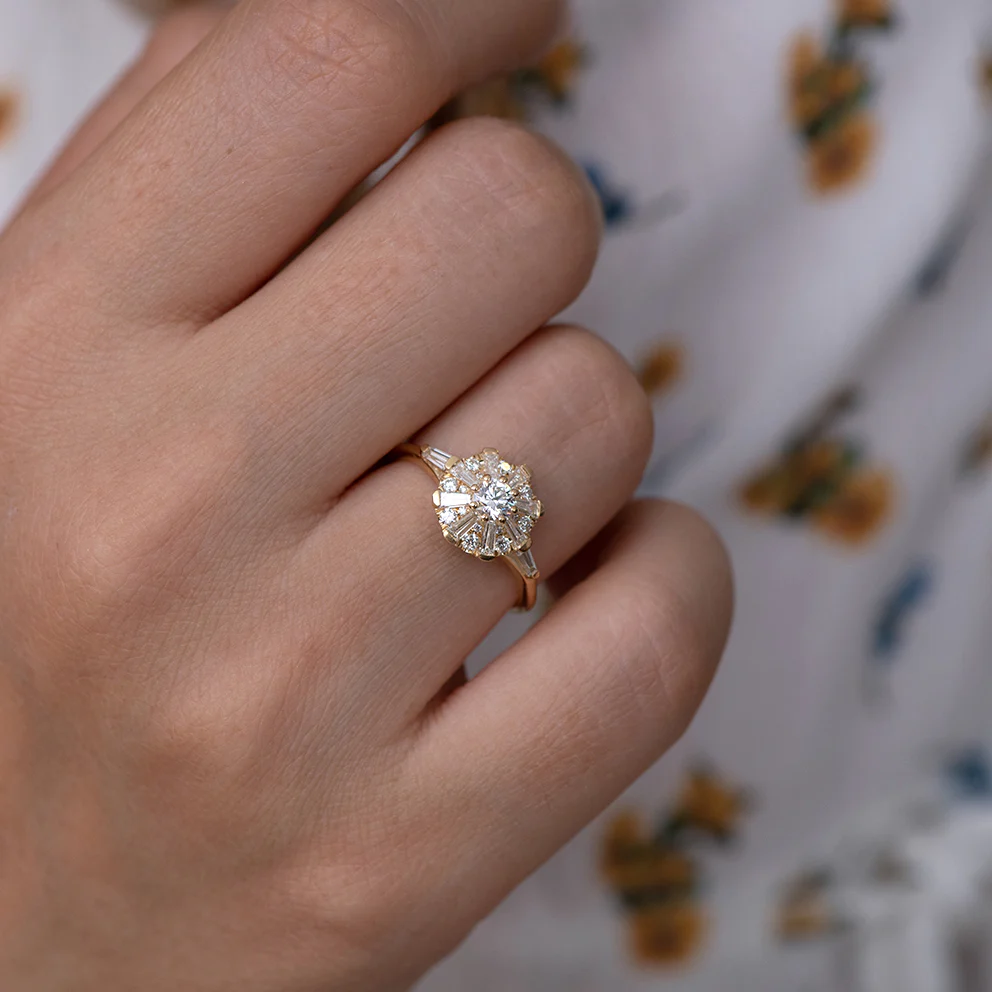 The Sun Temple Ring with Tapered Baguette Diamonds Halo - Image 4