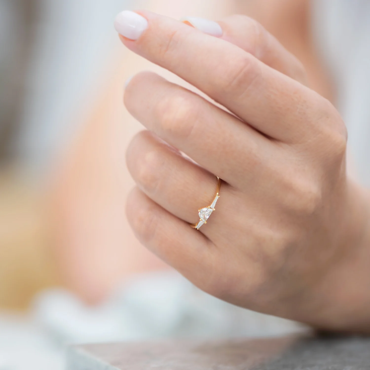 Three Stone Engagement Ring with Half Moon and Baguette Cut Diamonds - Image 5