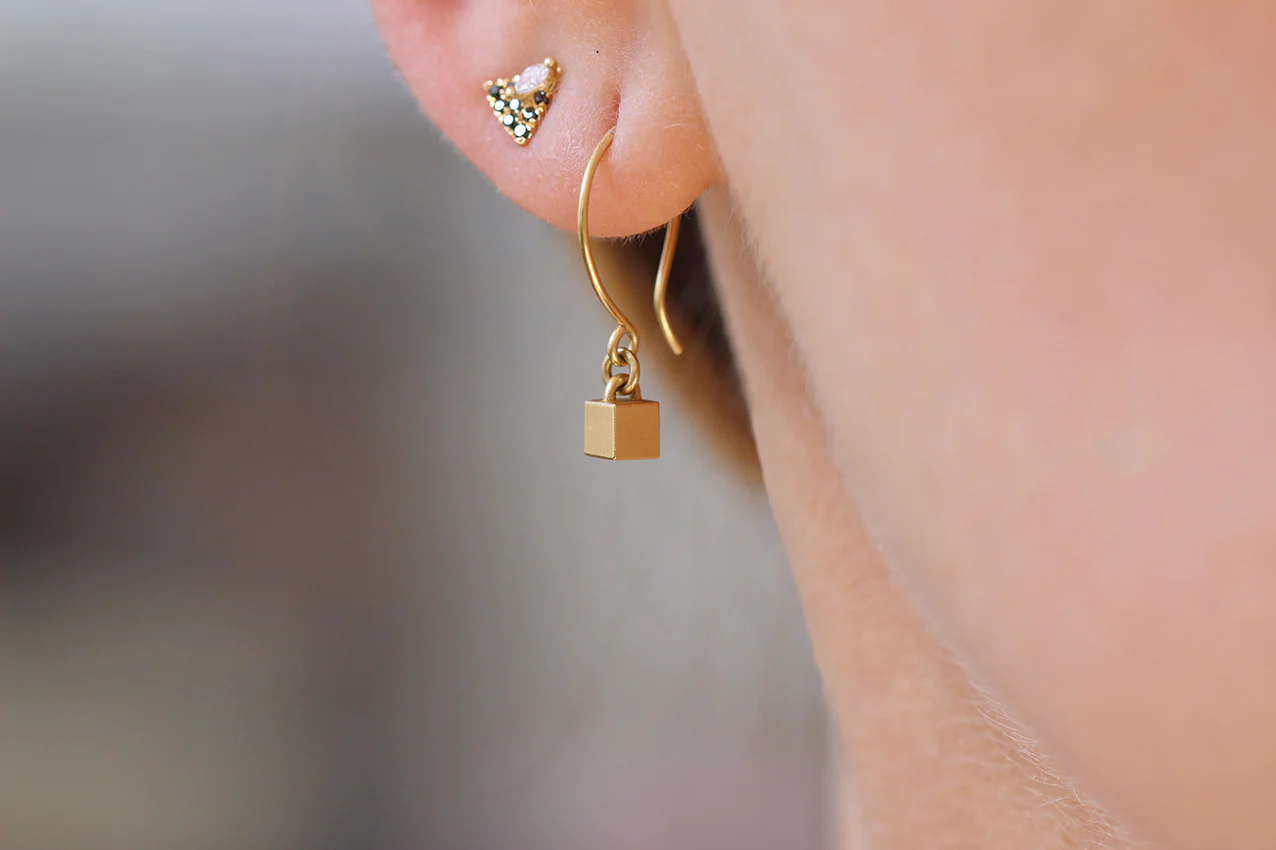 Tiny Cube Gold Earrings - Geometric Ear Piece - Image 10