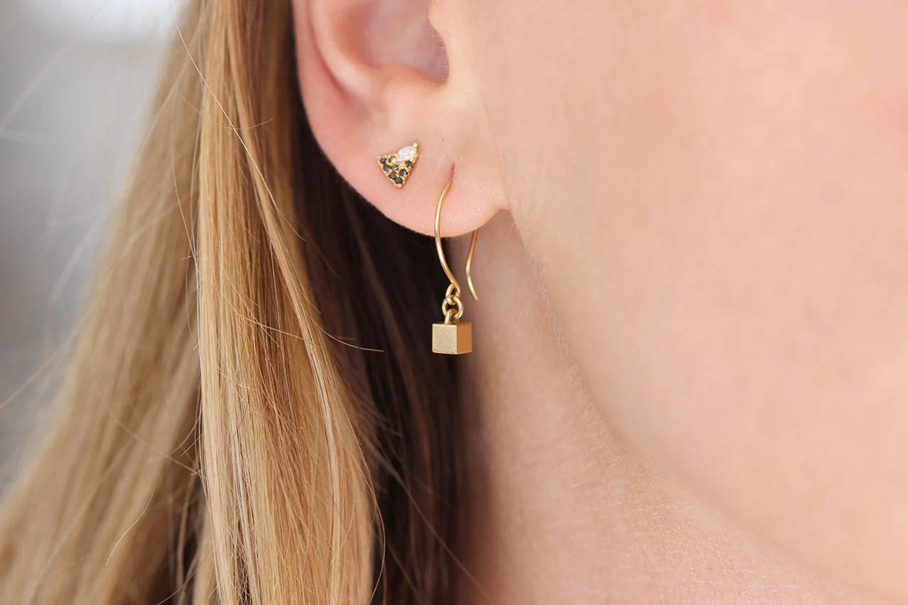 Tiny Cube Gold Earrings - Geometric Ear Piece - Image 6