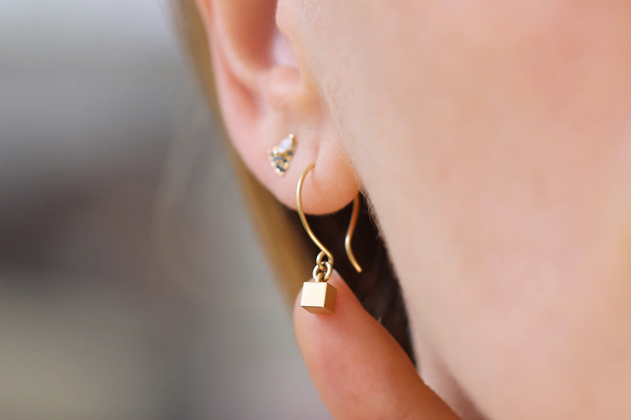 Tiny Cube Gold Earrings - Geometric Ear Piece - Image 7