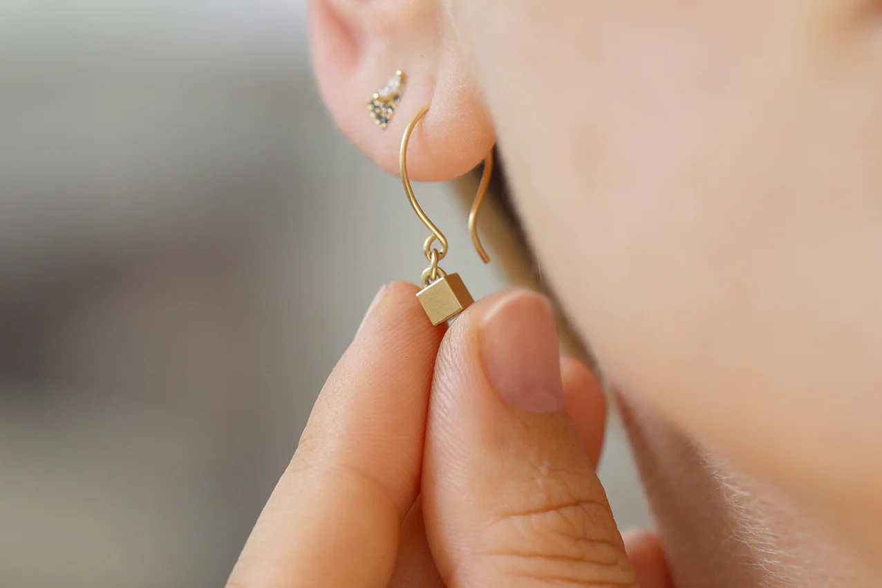 Tiny Cube Gold Earrings - Geometric Ear Piece - Image 9