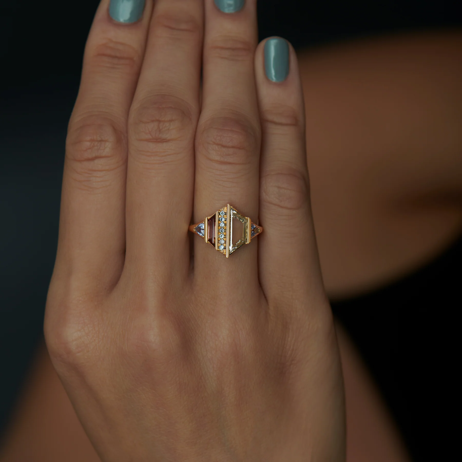 Trine OOAK Diamond Bicolor Tourmaline Spinel & Sapphire Statement Ring - Image 4