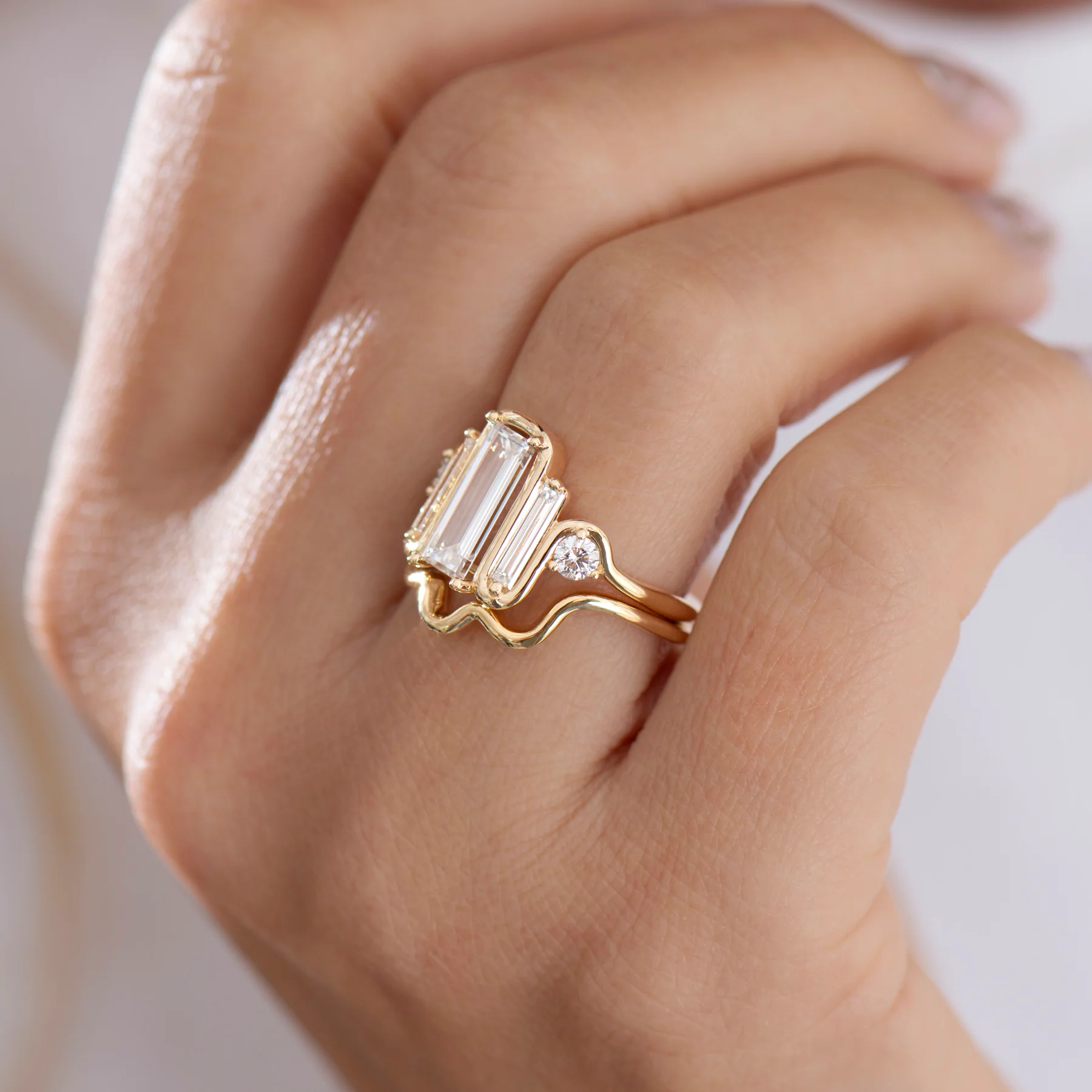 Triple Baguette Diamond Wave Ring (Large) Wedding Set - Image 3