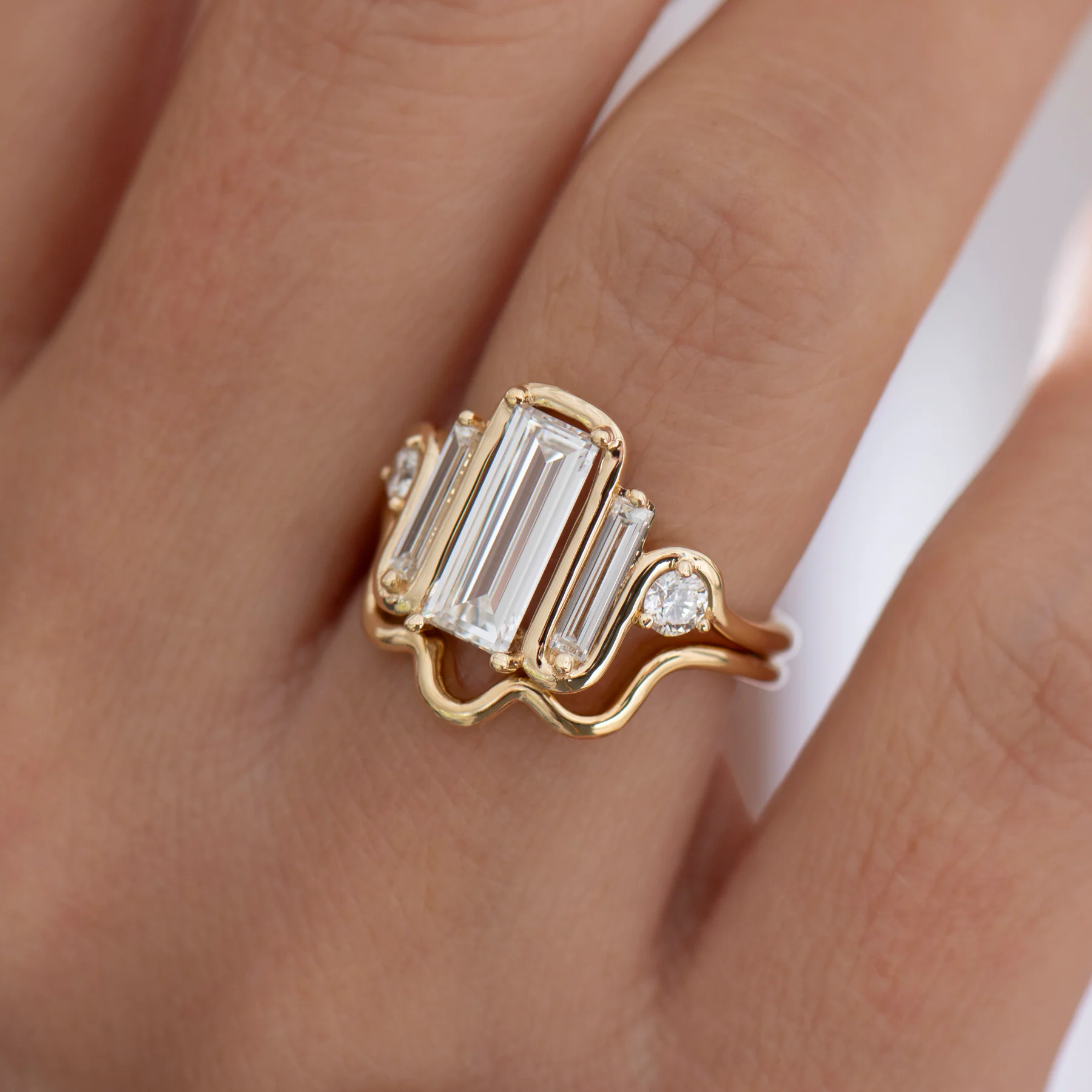 Triple Baguette Diamond Wave Ring (Large) Wedding Set - Image 4