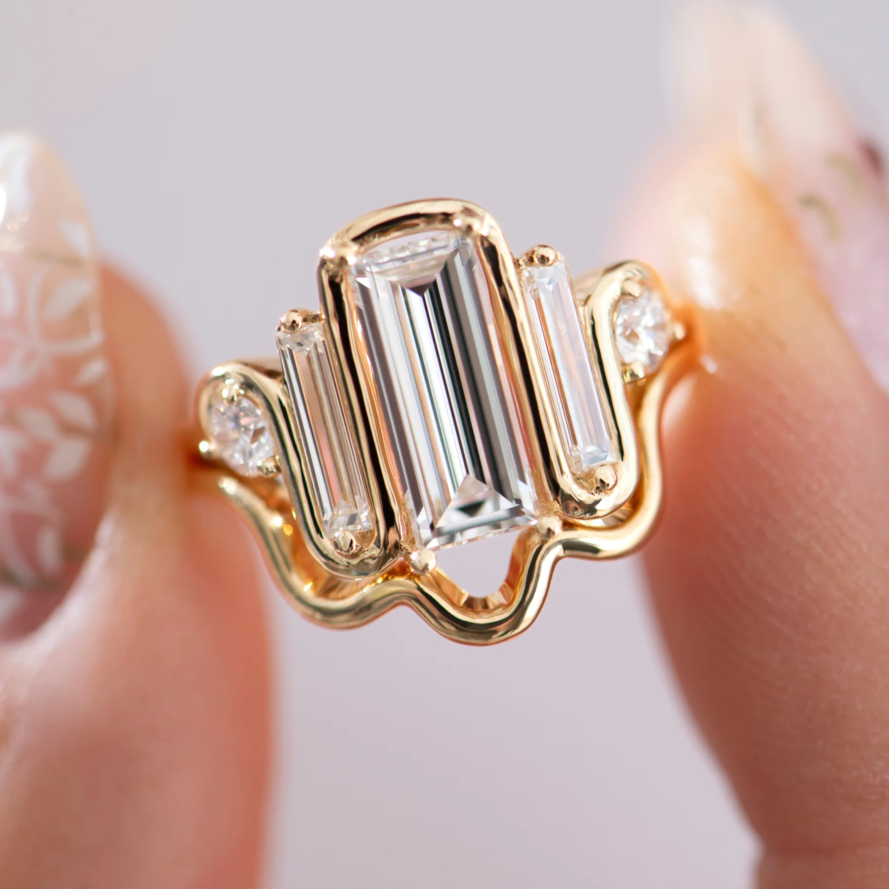 Triple Baguette Diamond Wave Ring (Large) Wedding Set - Image 5