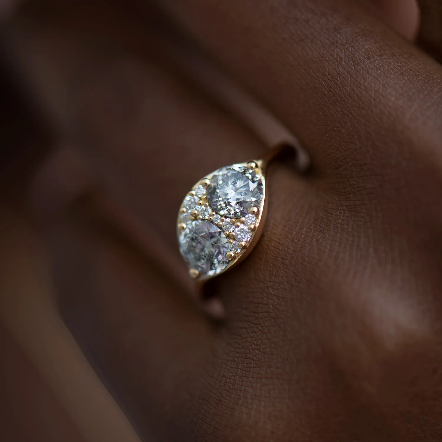 Two Salt and Pepper Engagement Ring with a Cluster of Brilliant Cut Diamonds - OOAK - Image 5